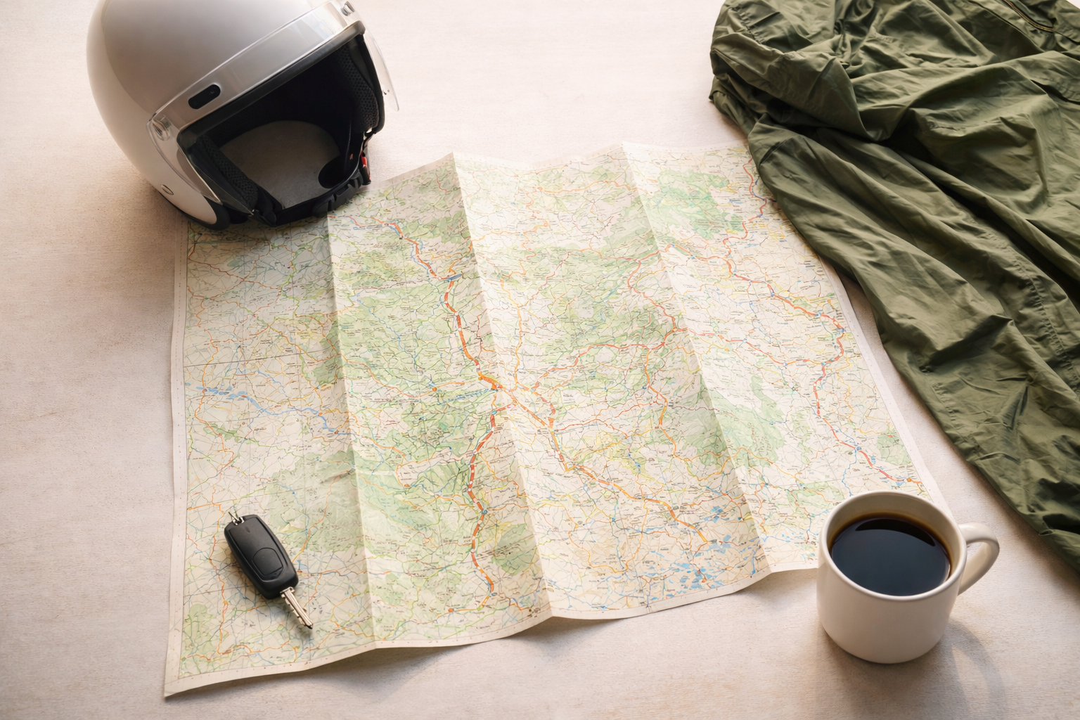 Road‑trip planning flat lay (helmet + keys + map)